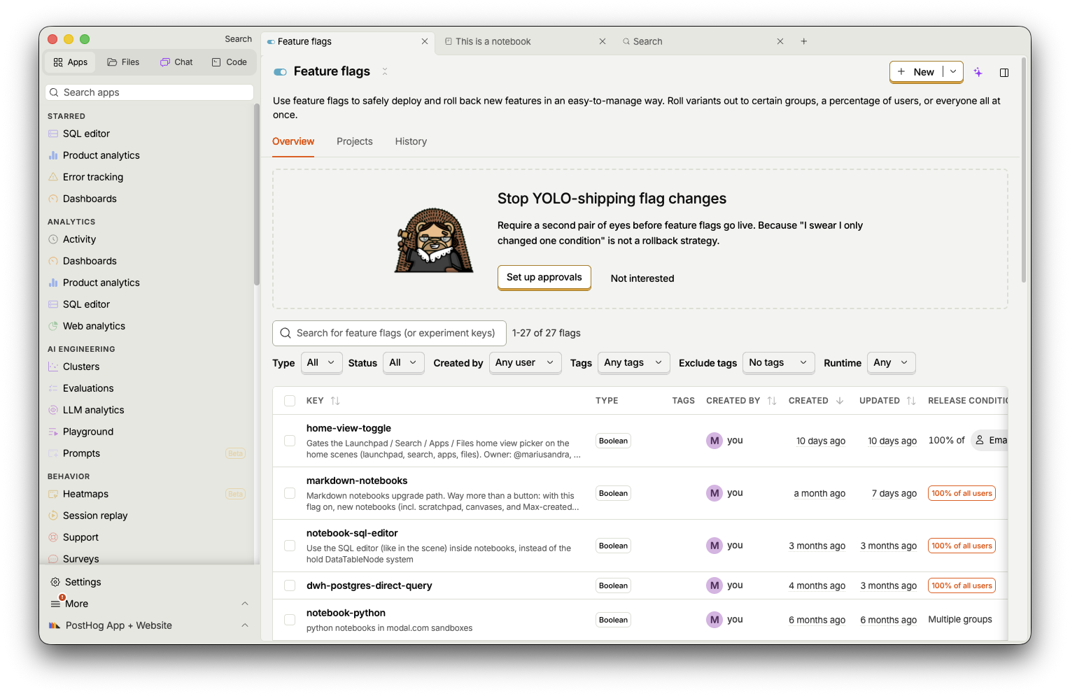 The PostHog desktop app with three open tabs — Feature flags, a notebook, and Search — above the sidebar and the feature flags list